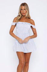 Winners Circle Off Shoulder Mini Dress Blue Stripe
